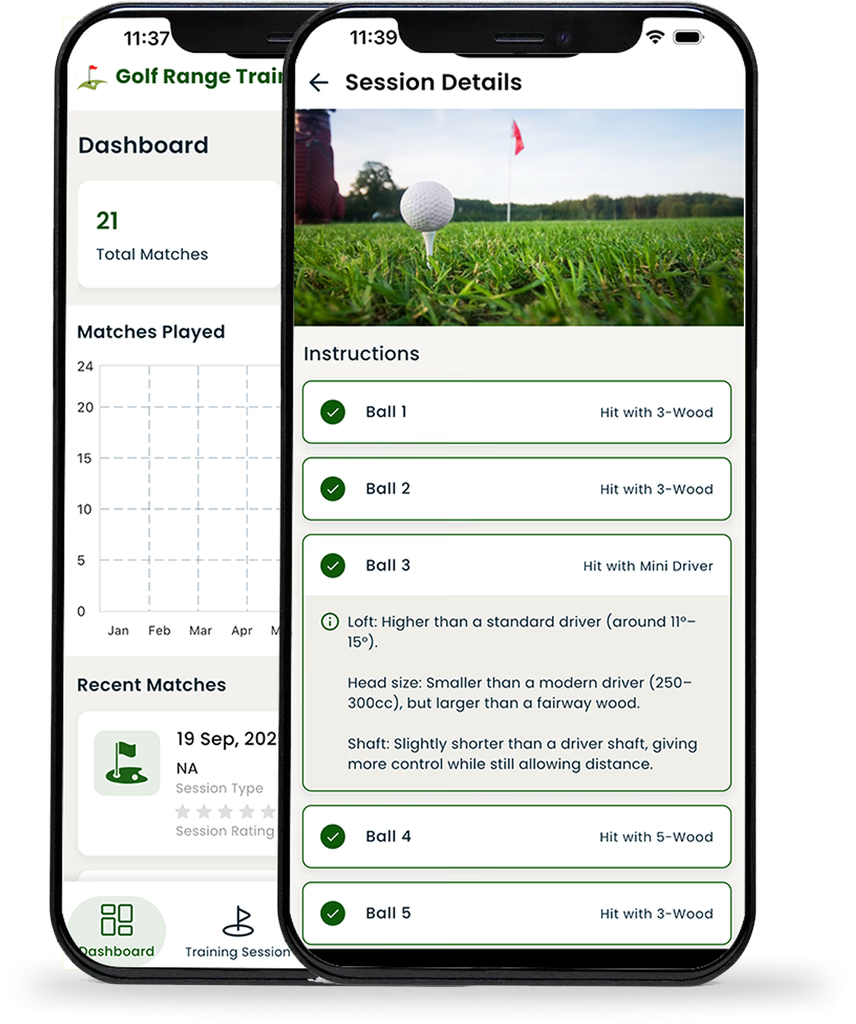 Golf Range Trainer dashboard and session details shown on two phones