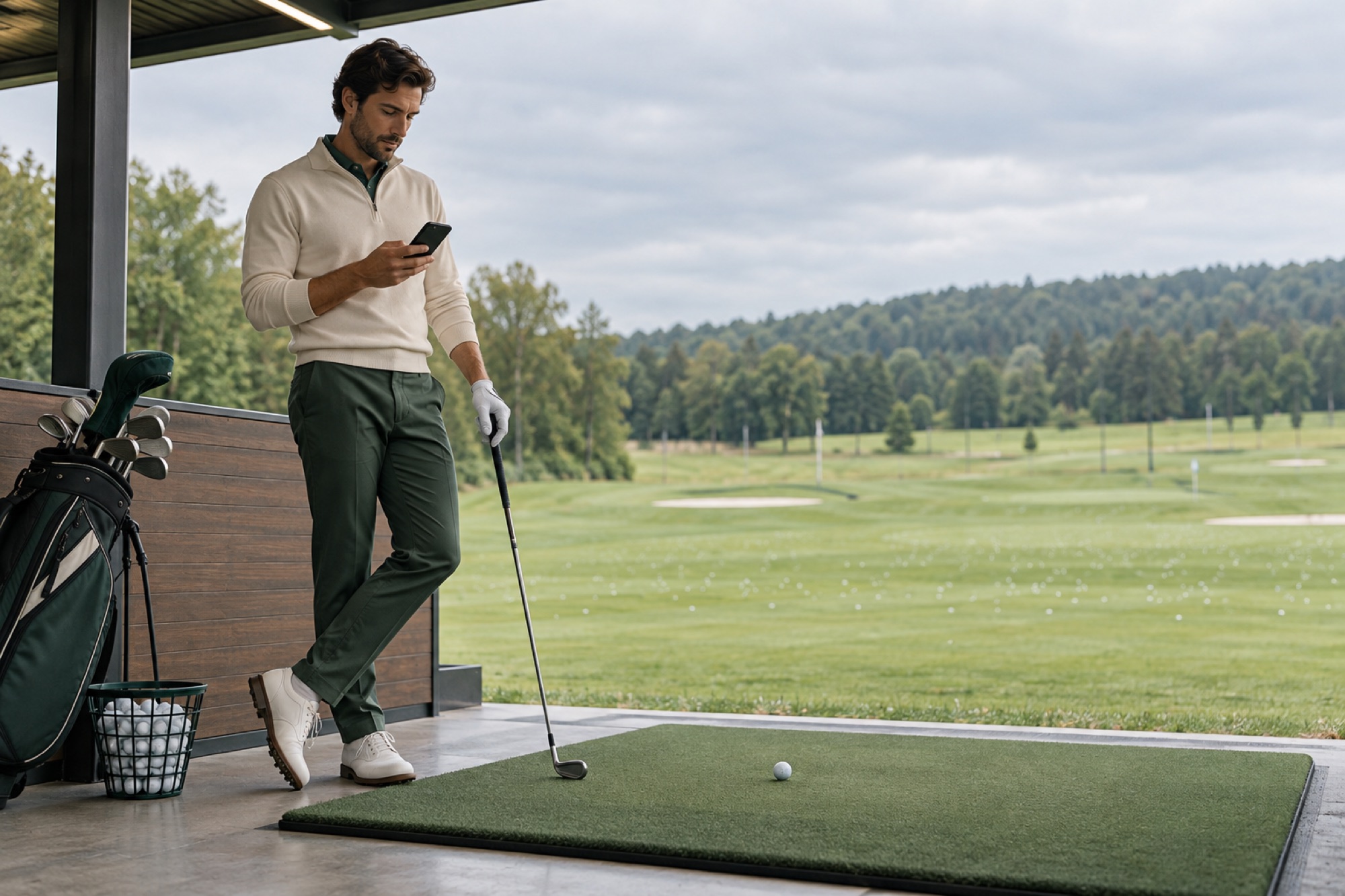 Golfer reviewing a phone between shots at a driving range