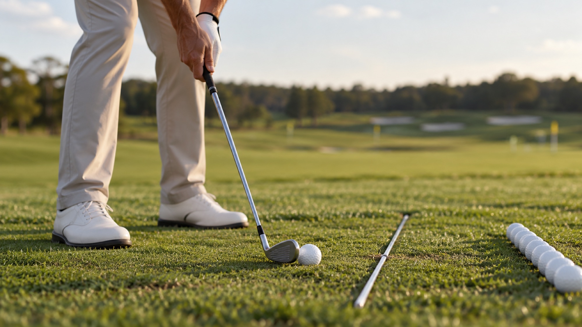 Golfer setting up a precise wedge practice shot